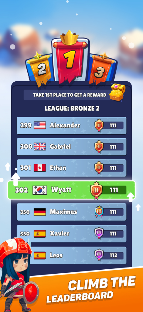 Connect Towers - Islands War - Connect Towers Islands War game leaderboard screen showing player rankings and bronze league rewards