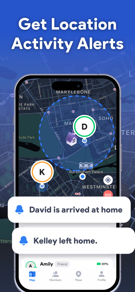 Cell Trackアプリのインターフェース。ジオフェンスゾーンとリアルタイムの到着・出発通知が表示された地図を表示