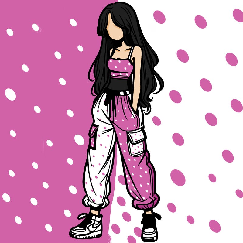 girl in baggy pants crop top and long hair