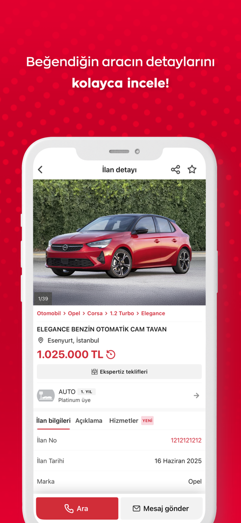 arabam.com - Tela de smartphone mostrando um anúncio de carro no aplicativo arabam.com com detalhes de um Opel Corsa vermelho.