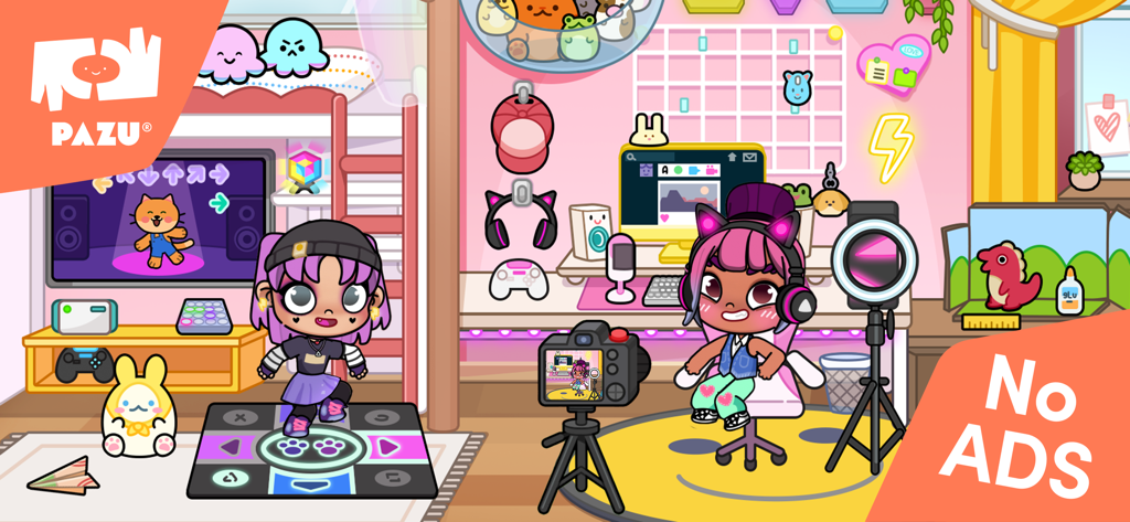 Two cute avatars in a decorated pink bedroom with a streaming setup and a dance mat in Avatar World