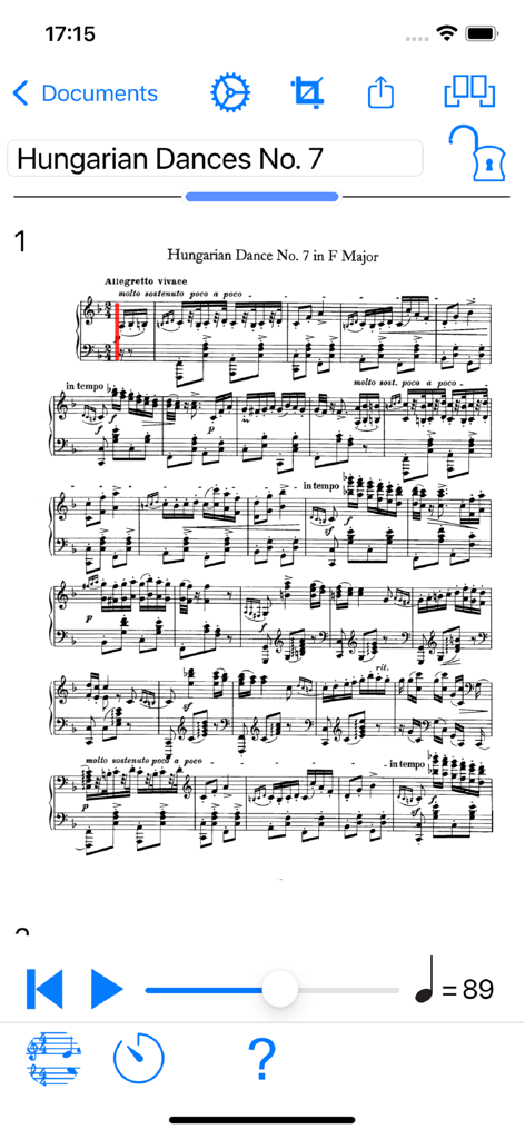 PlayScore 2 app interface showing sheet music playback for Hungarian Dance No 7 with tempo and playback controls