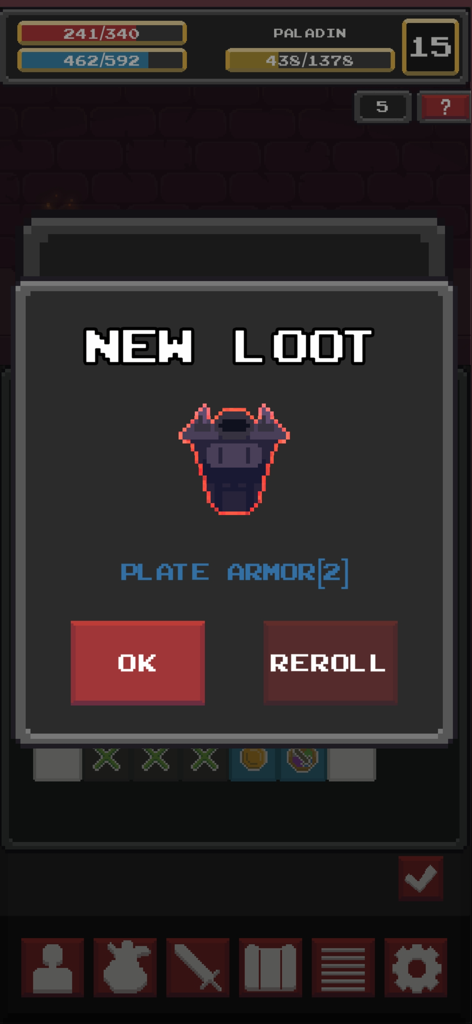 Doomdepths - A screenshot of Doomdepths showing a new loot popup for plate armor with options to accept or reroll