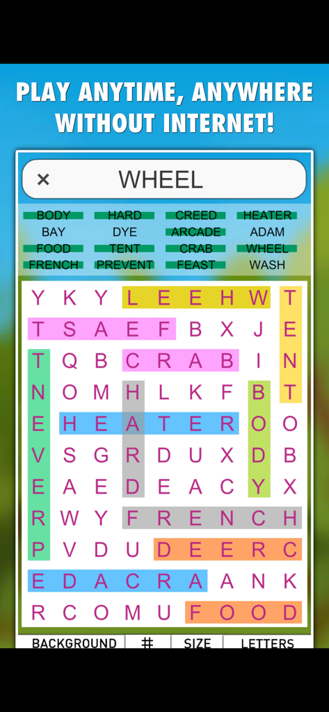 Word Search Games PROのモバイルスクリーンショット。カラフルな単語パズルのグリッドと、いつでもどこでもインターネットなしでプレイできるというメッセージが表示されています。