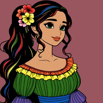 a single latina woman with a side ponytail and a long dress with ruffles. she has a few discreet flowers in her hair. realistic