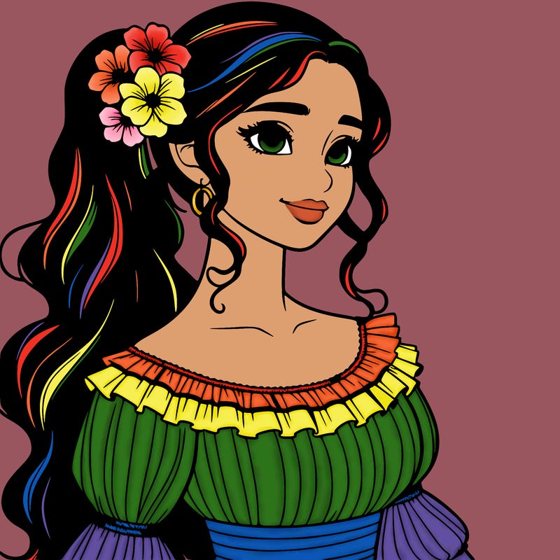 a single latina woman with a side ponytail and a long dress with ruffles. she has a few discreet flowers in her hair. realistic