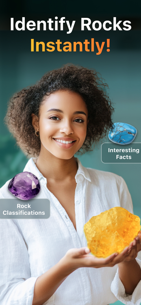 RockLens - Stone & Gemstone ID - A woman holding a large yellow gemstone showcasing the RockLens app feature to identify rocks and crystals instantly with classification and facts.