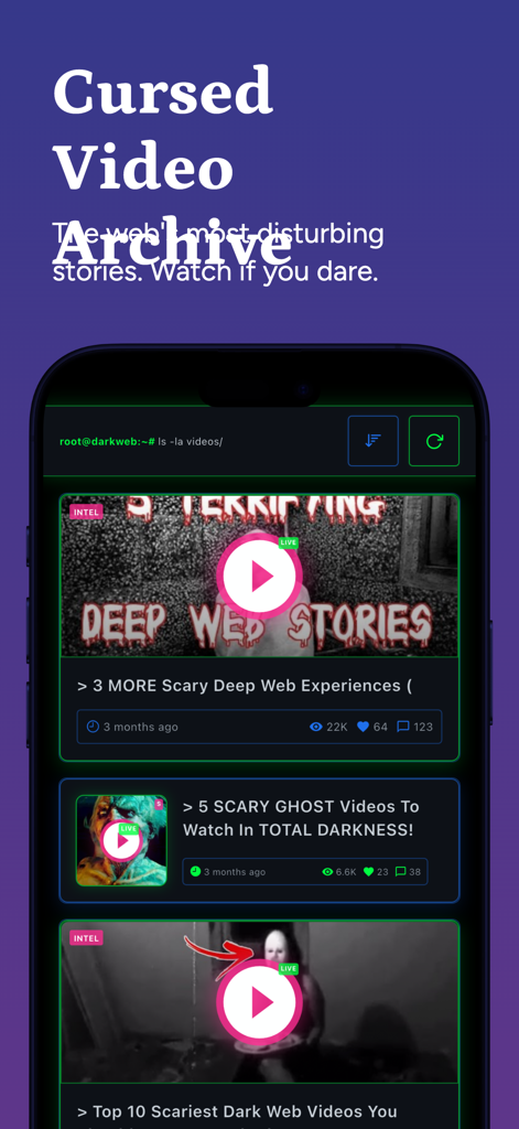 Screenshot of the Cursed Video Archive in the Deep Web and Dark Web app featuring scary horror video thumbnails.