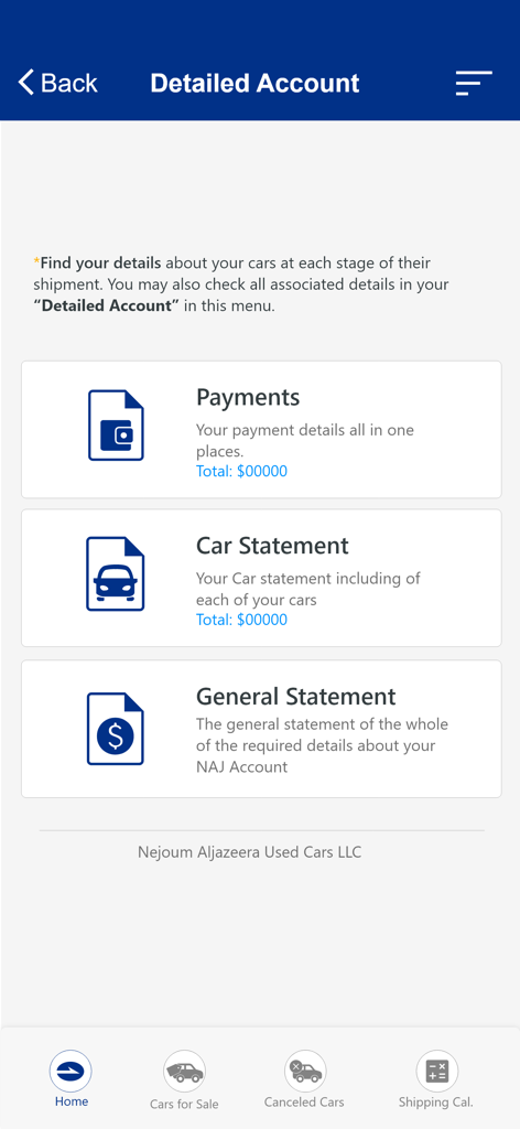 Detailed account dashboard in the Nejoum Al Jazeera app showing options for payments and car statements
