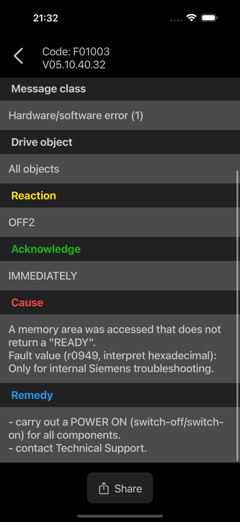 SINAMICS Fault Finder - SINAMICS Fault Finder app interface showing cause and remedy for a specific fault code
