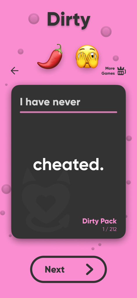 Never Ever Dirty Adult mobile app interface showing a spicy game question from the Dirty Pack category.