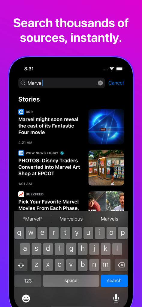 Big News - Smart Reader - Marvel에 대한 뉴스 기사를 보여주는 Big News 앱의 검색 인터페이스입니다.
