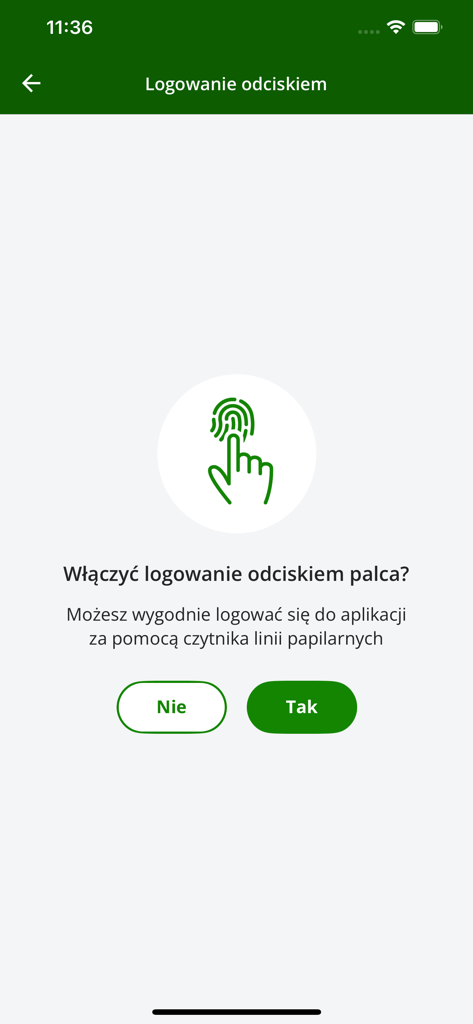 Schermata di configurazione dell'accesso tramite impronta digitale per l'app InternetowyKantor