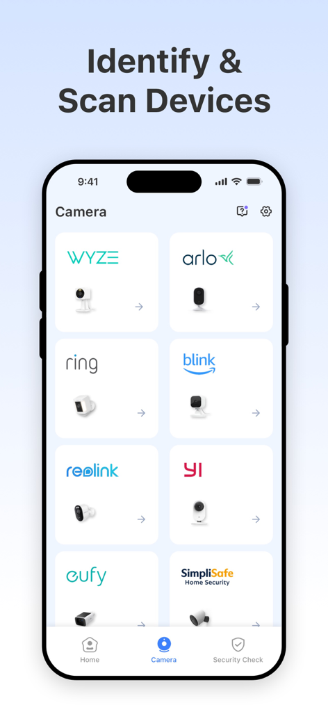 Camera Connect - Home Security - Pantalla de smartphone mostrando una cuadrícula de marcas populares de cámaras inteligentes como Ring, Arlo y Wyze para la identificación de dispositivos.