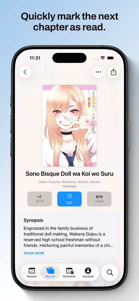 Kitsune for MyAnimeList - Interface of the Kitsune app showing a manga detail page with options to track chapters and view a synopsis