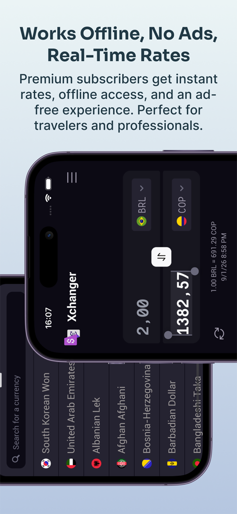 Xchanger app interface showing currency conversion between BRL and COP in dark mode with premium features like offline access and real-time rates.