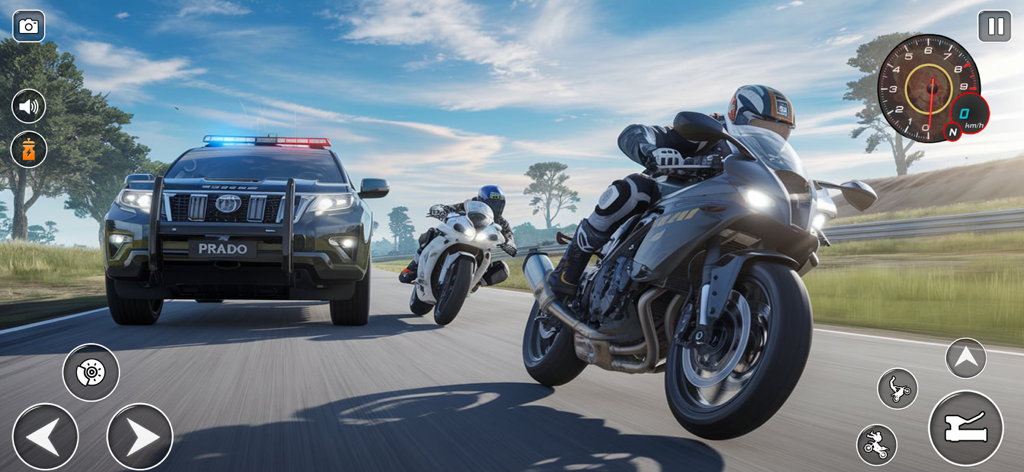 Moto Wheelie 3d - Offline Game - A high speed 3D motorcycle chase on a highway featuring a police car and sports bikes