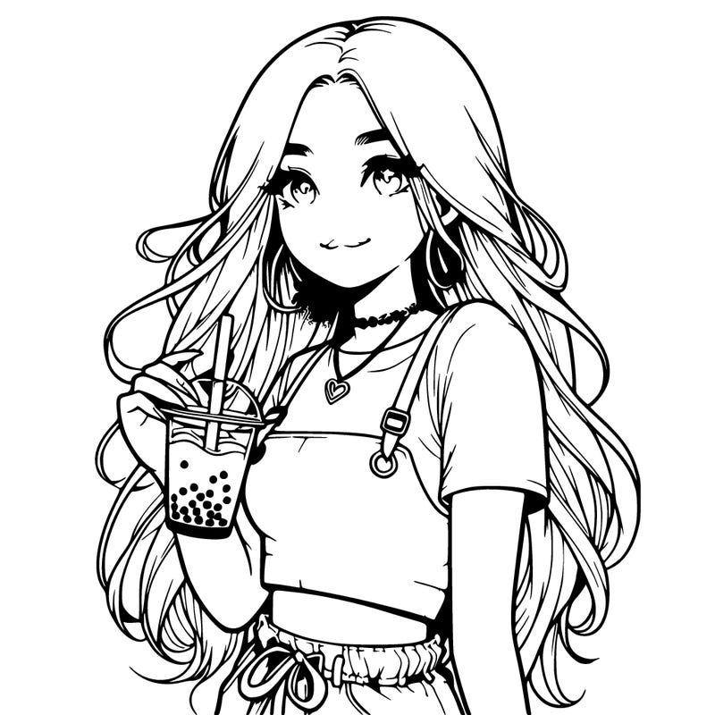realistic girl in crop top with long hair drinking boba
