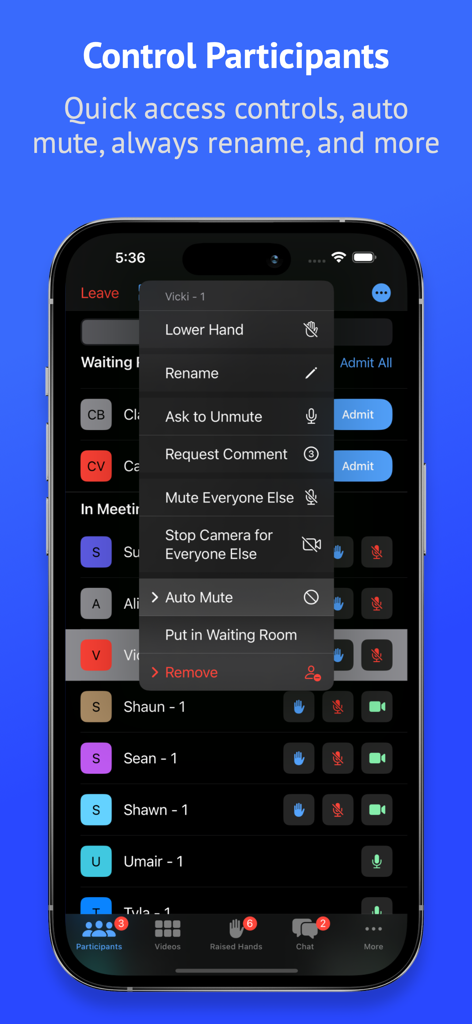 Attendant Pro for Zoom - Mobile app interface of Attendant Pro for Zoom showing advanced participant management tools including mute all and waiting room controls