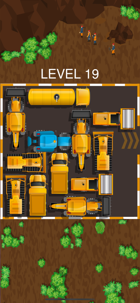 Top down view of level 19 in a car park puzzle game featuring yellow construction vehicles and a blue tractor
