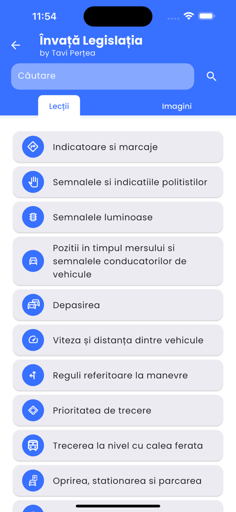 Elenco delle lezioni di legislazione stradale rumena nel menu dell'app Ottieni la Patente.