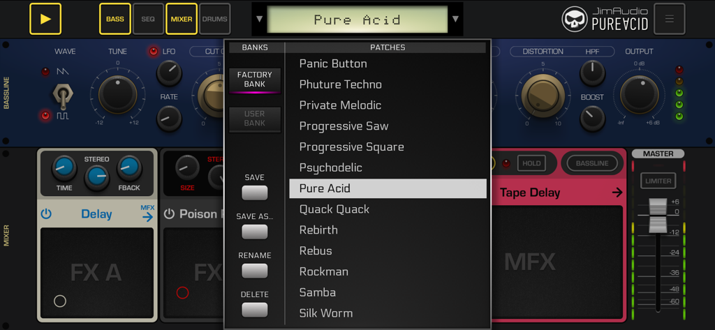 Interface de l'application Pure Acid montrant le menu de sélection de patchs prédéfinis pour le synthétiseur de bassline.