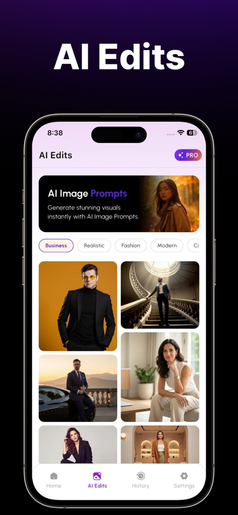 AI Photo Generator - Image AI - App interface showing AI Edits with professional business and fashion portrait templates