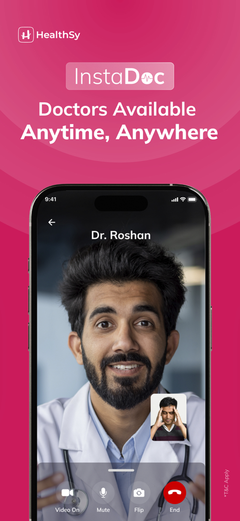 HealthSy-Online Healthcare App - A smartphone screen showing a video call with a doctor through HealthSy InstaDoc