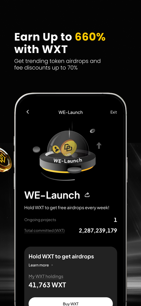 WEEX app screen showcasing WXT rewards and WE-Launch airdrops