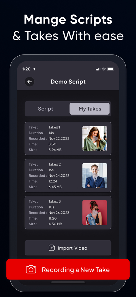 Teleprompter for Video ۬ - A mobile app interface displaying a list of recorded video takes for a script with details like duration and file size.
