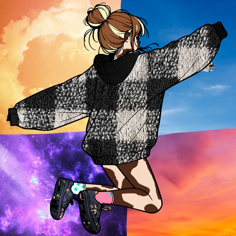 realistic girl jumping with a bun and oversized sweatshirt