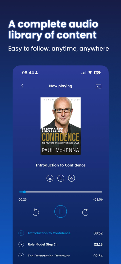 Interfaccia dell'app Paul McKenna che mostra un lettore audio per la sessione Instant Confidence con un elenco di capitoli