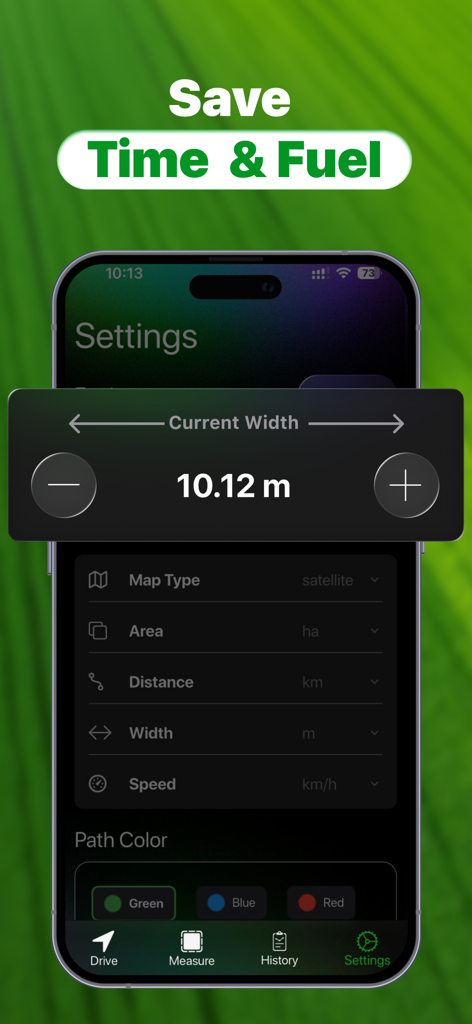Tractor GPS - Field Navigation - Tela de configurações do aplicativo GPS para Tratores mostrando ajuste de largura atual para navegação de campo de precisão