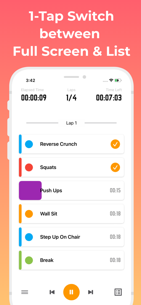 Exercise Timer: Interval Timer - Exercise Timer app showing a workout routine list with lap progress and interval timer