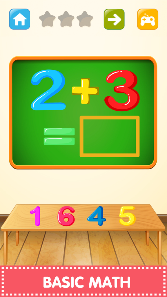 Educational math game screen showing an addition problem on a chalkboard for kids