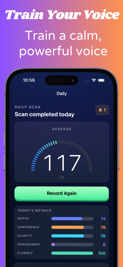 DeepVoice: AI Voice Coach - DeepVoice app interface displaying a daily voice scan with pitch measurement and performance metrics for depth and confidence