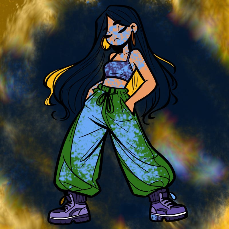 girl in baggy pants crop top and long hair