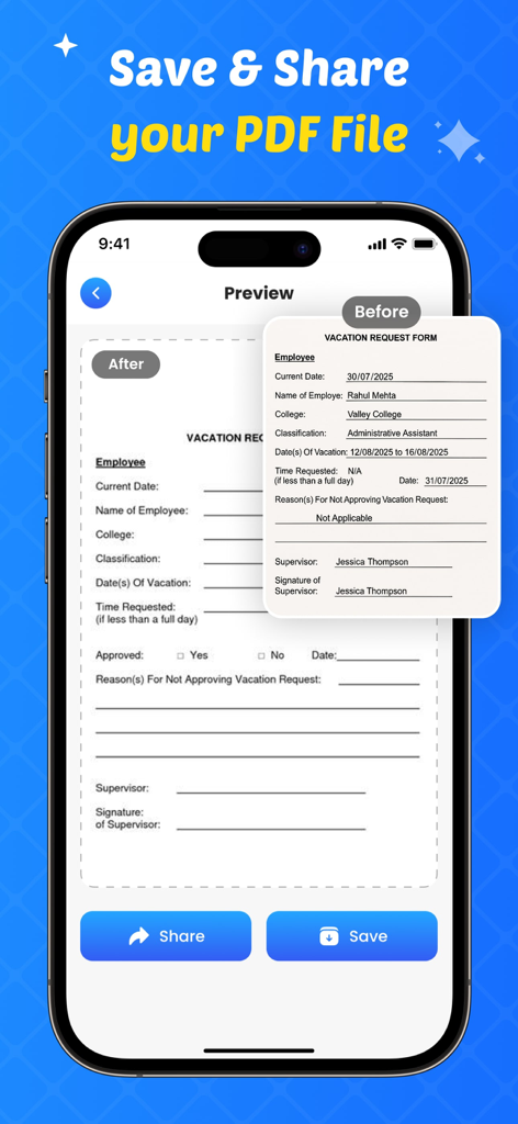 Mobile app interface displaying a document preview before and after handwriting removal with save and share buttons