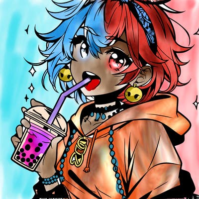hot baddie anime girl drinking boba and biting the straw