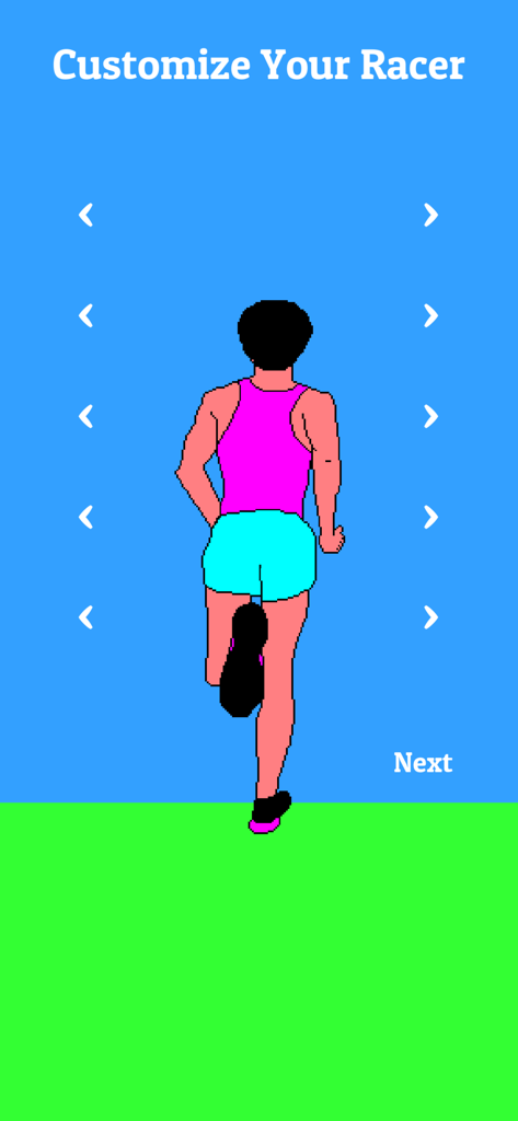 XC Cross Country Racing - Character customization screen in XC Cross Country Racing showing an 8-bit runner.