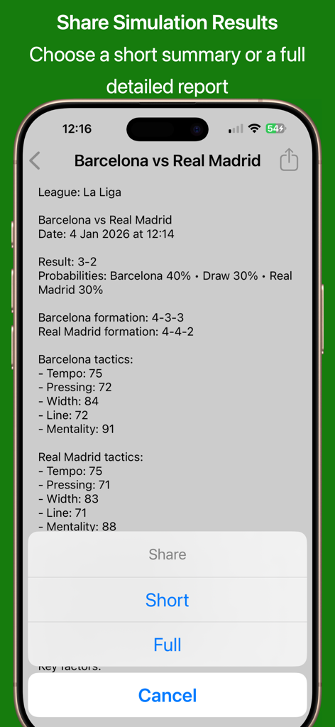 Football Pad app interface showing match simulation results for Barcelona vs Real Madrid with options to share a short or full report