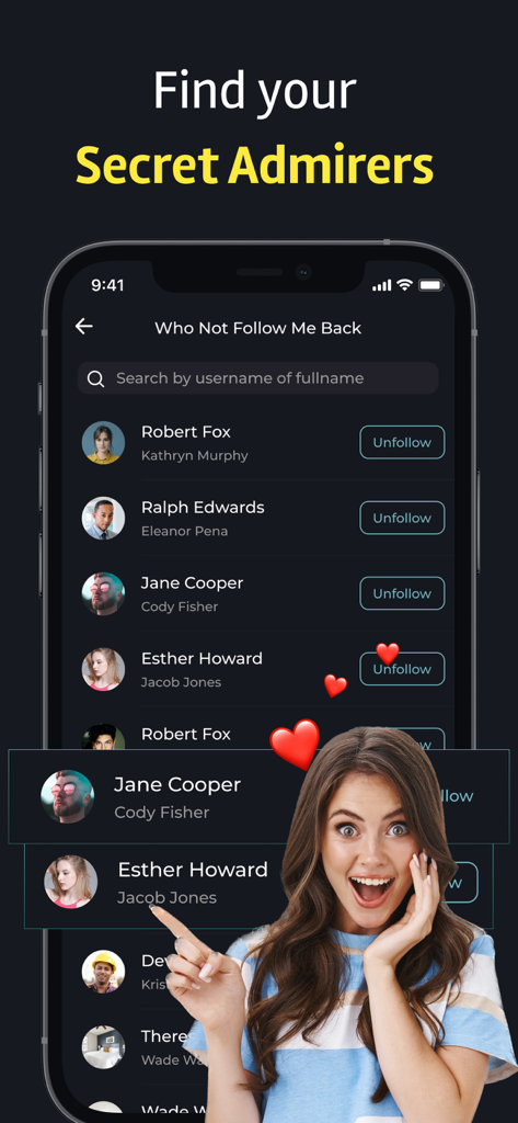 Reports Unfollowers +Followers - Find your Secret Admirers（秘密のファンを見つける）というタイトルで、Instagramのフォロー解除者のリストを表示するモバイルアプリインターフェース