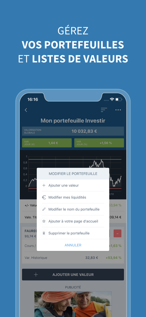 Interfaz móvil de la app Investir mostrando opciones de gestión de cartera y gráficos de rendimiento del mercado de valores.