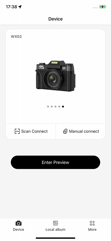 Interface do aplicativo HDV CAM mostrando a tela de conexão do dispositivo com uma prévia da câmera digital e opções de conexão por varredura