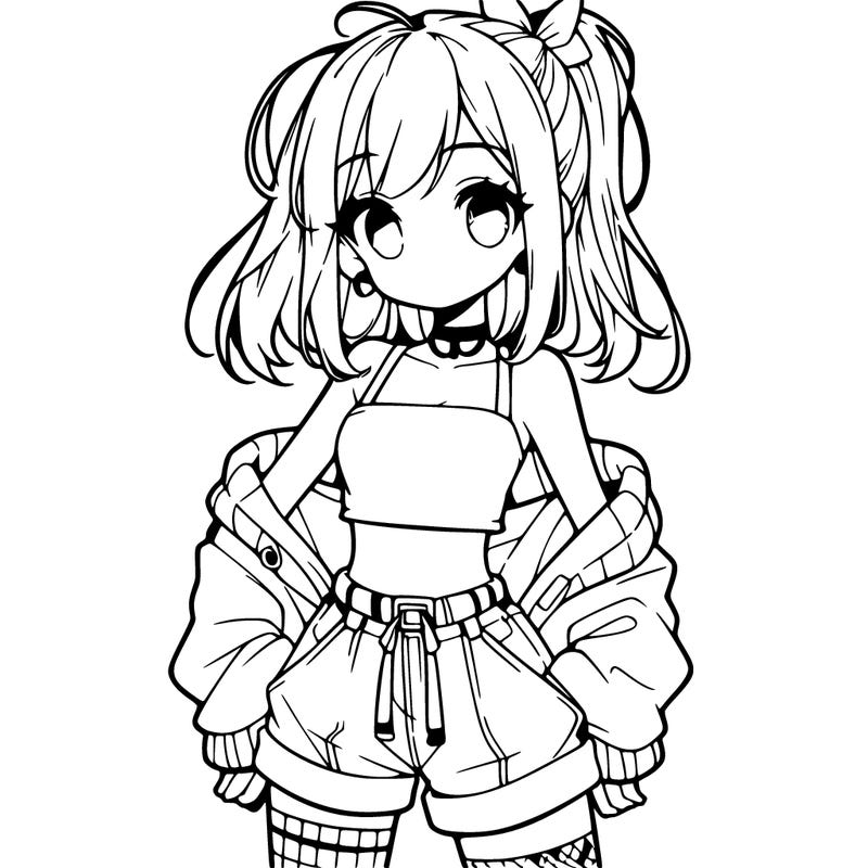 cute anime and beautiful teenage girl with a baggy crop top and shorts with a ponytail