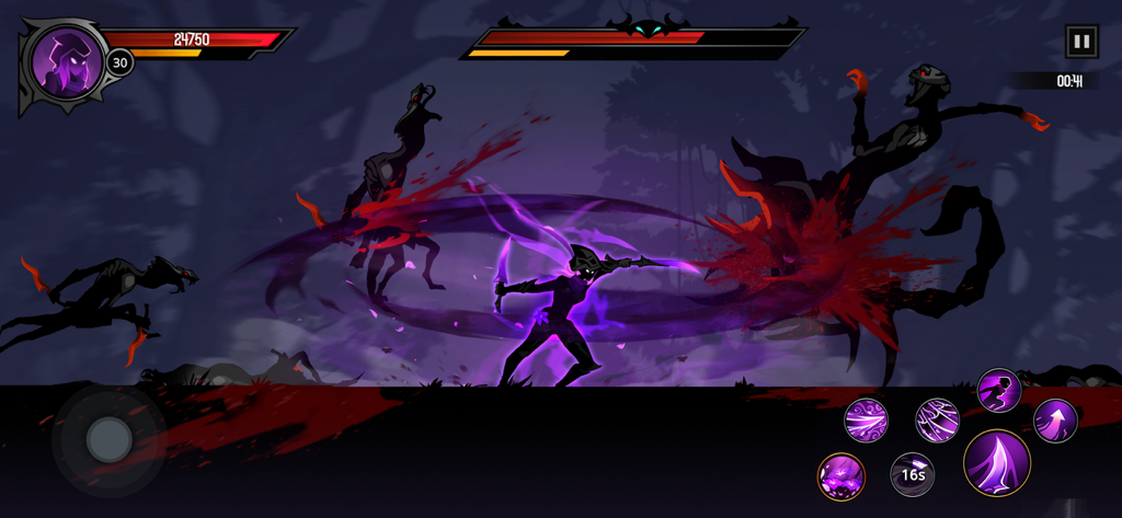 A shadow knight character performing a powerful purple energy slash against enemies in a dark fantasy world.