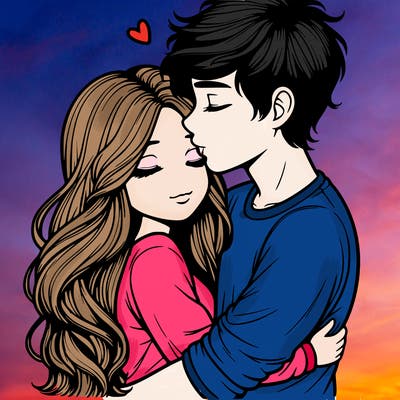 a realistic couple boy and girl hugging and kissing