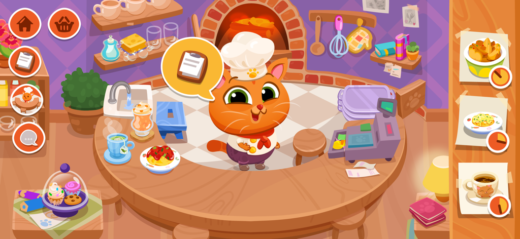 Bubbu the cat chef standing in a colorful cartoon kitchen ready to cook