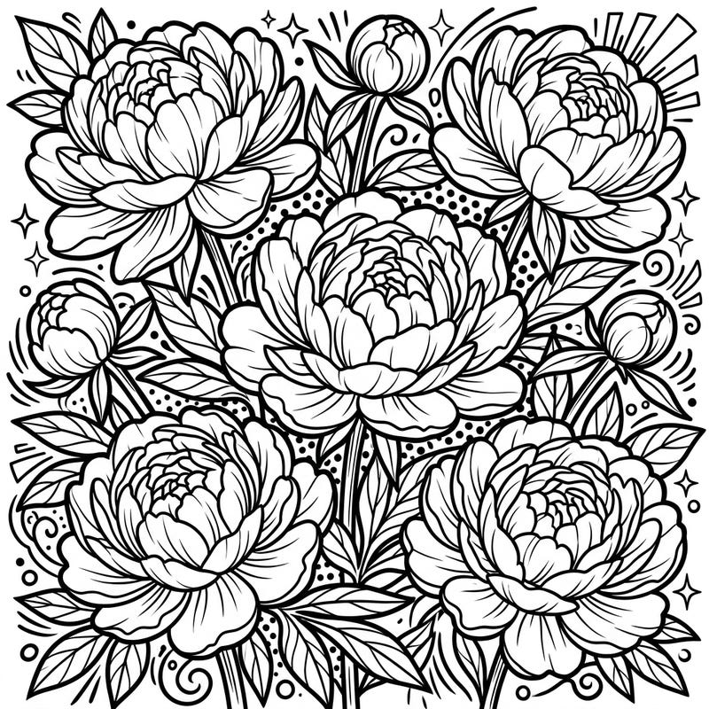 Dive into a garden of bold beauty with this stunning Pop Art Peonies coloring page, featuring voluminous petals and dynamic graphic elements. Express your creativity by bringing this comic book-inspired floral design to life with your favorite colors.