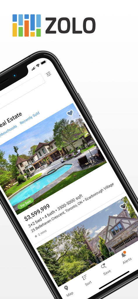 Zolo real estate app displaying luxury house listings in Toronto with price and property details